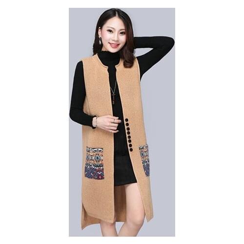 Women Winter New Fashion Embroidery Knit Vest Female Long Sweater Vests With Chic Patchwork Pockets Ladies Casual Cardigans Z143