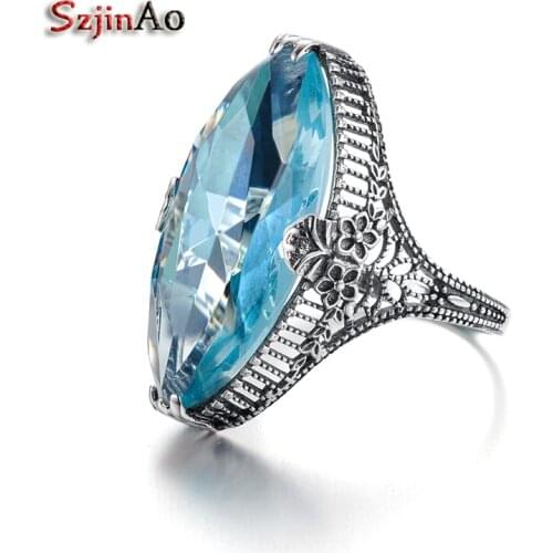 Szjinao Charms Cloisonne Aquamarine 100% 925 Sterling Silver Ring Wild Ethnic Style Big Oval Ring For Women Luxury Brand Jewelry