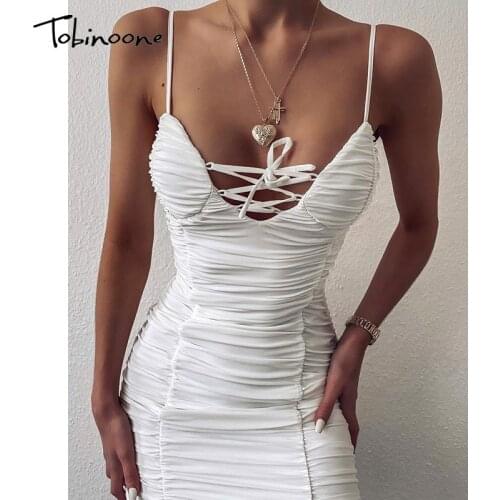 Tobinoone White Sexy Bodycon Summer Dress 2020 V Neck Spaghetti Strap Bandage Mini Dress Party Casual Basic Beach Dress Short