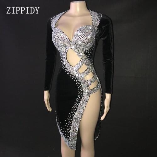 Sexy Silver Stones Black Latin Dance Dress Outfit Stage Wear Sparkly Rhinestones Costume Birthday prom show Stretch Dress