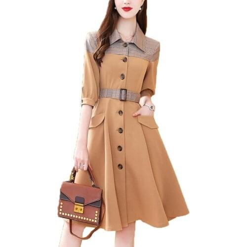 Women Chic Fashion Button-up Midi Splicing Dress 2021 New Female Khaki Dresses Mujer Feminina Vestidos C1008