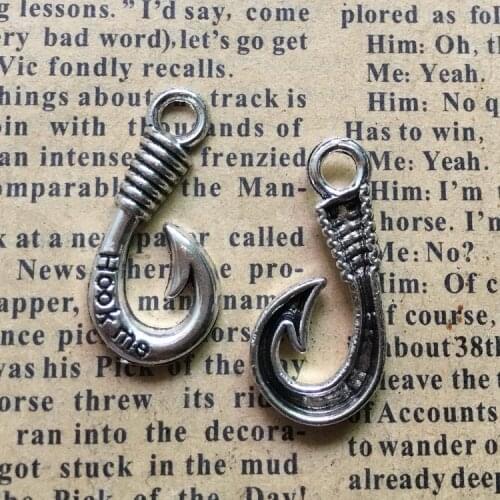 10 pieces/lot 12*26mm Antique silver color Metal HOOK ME word Fishhook Charm Earring Pendant Bracelet Key chain DIY handmade