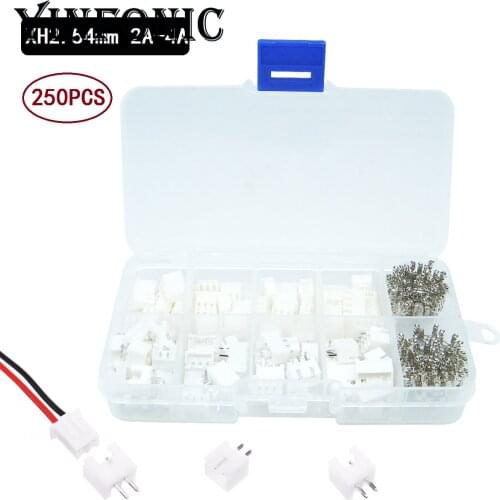 250pcs XH2.54mm 2A 3A 4A PCB Wire Cable Connector XH Plug Male & Female Battery Charging Cable kit box