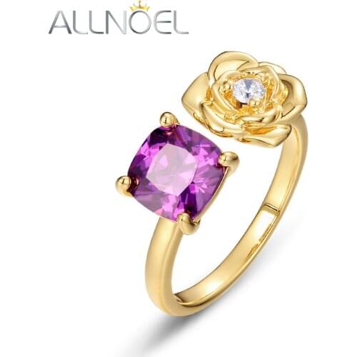 ALLNOEL Brass Womens Ring Purplish Red Zircon With White Zircon Real Gold Plated Flower Opening Ring Anniversaries Jewelry New