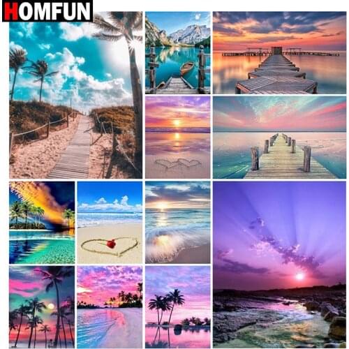 HOMFUN Full Square/Round Drill 5D DIY Diamond Painting "Sunset and seaside view" Embroidery Cross Stitch 5D Home Decor Gift