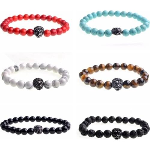 ASHMTIA 2019 Natural Howlite Stone Beads Elastic Bracelet W/Gold Lion Head Man Fashion Women Beautiful Bracelets