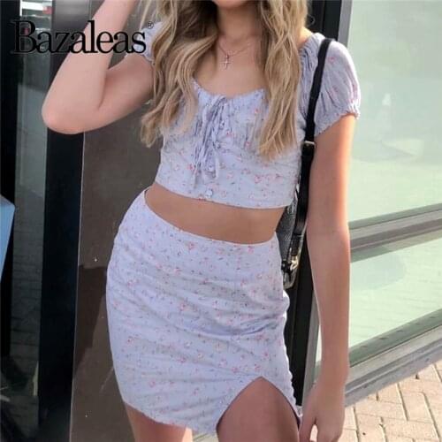 Bazaleas Fashion 2 piece set Retro set Vintage tracksuit Purple Floral Print Crop Top and Mini skirt Cute women Suit