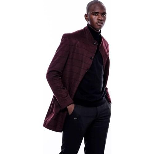 Mandarin Collar Burgundy Checked Coat