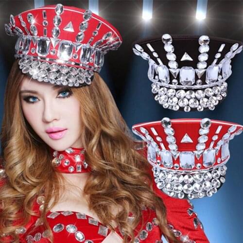 2019 Black Red Rhinestones Hat Women Singer Dancer Performance Accessories Big Crystals Stones Caps Jazz Dance Army Cap Headgear