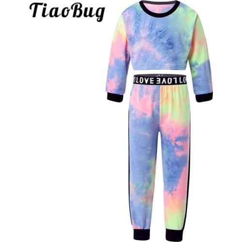 Kids Girls Colorful Printed Long Sleeve Crop Tops with High Waist Pants Sports Set Children Stage Performance Jazz Dance Costume