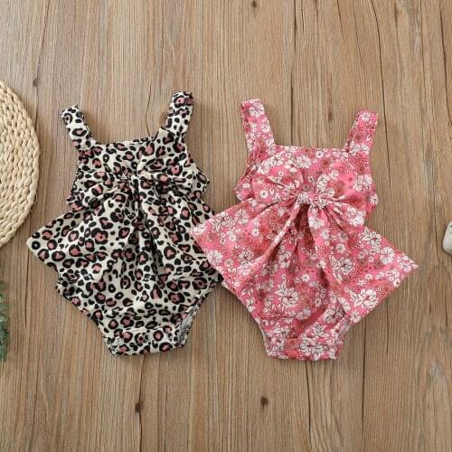 Baby Girls Romper Flower Print Square Neck Sleeveless Playsuit with Big Bowknot for Summer