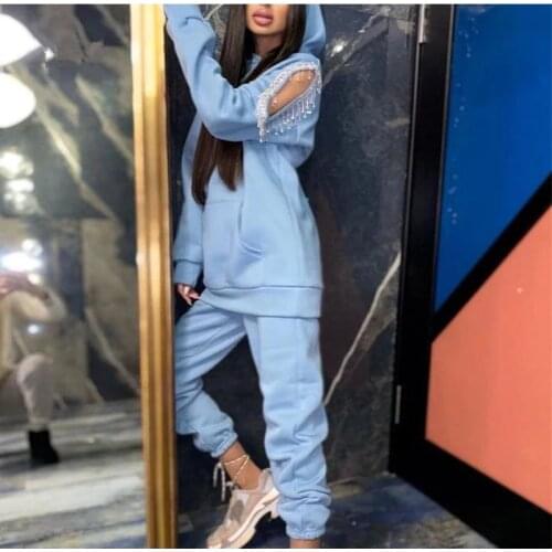 Fleece Womens Long Sleeve Hoodies Trousers Set 2021 Autumn Off Shoulder Hollow Out Sportpants Sets Ladies Casual Fashion Suits