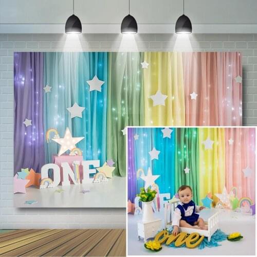 Rainbow Curtain 1st Birthday Photography Backdrop Newborn Baby Child Stars Decoration Girl Boy Kids Photography Background