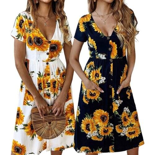 2019 Hot style summer Bohemian print button-down v-neck short-sleeve pocket dress 1pcs/lot