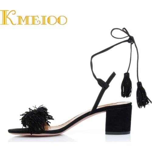 Kmeioo Ankle Strap Gladiator Sandals Tassel Straps Summer Tassel Shoes Ladies Wedding Flock Women Sandals Fringe Sandal Heels