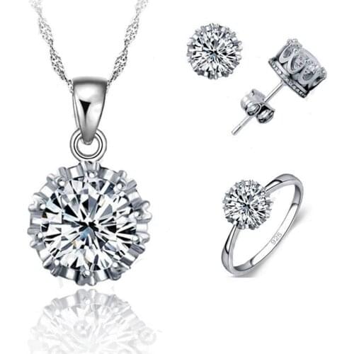 4 Ring Size Women Wedding 925 Sterling Silver Jewelry Sets CZ Cubic Zirconia Necklace Stud Earring Ring Set Wholesale