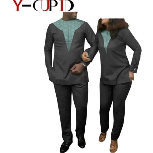 African Clothes for Couples Bazin Riche Women Top and Pants Sets Matching Men Outfits 2 Pieces Patchwork Pants Sets YA20C001