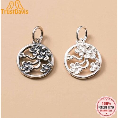 Trustdavis Real 925 Sterling Silver Fashion Geometric Round Hollow Flower Charm Pendant Handmade DIY Accessories Jewelry DZ203