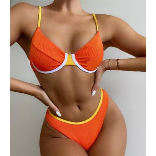Summer Ribbed Swimwear Women 2 Pieces Set Bikini 2021 Sexy High Cut Solid Swimsuit Female Backless Womens Swimming Suit Biquini