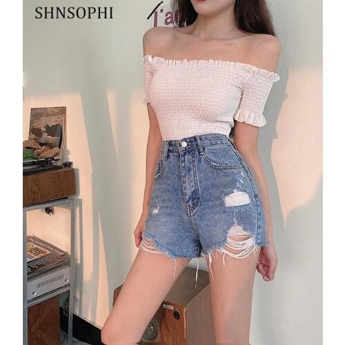 Summer Sexy Denim Mini shorts Women Ripped Hole Street Wear Female High Waist Short Jeans Lady Bottoms Plus Size Short Mujer