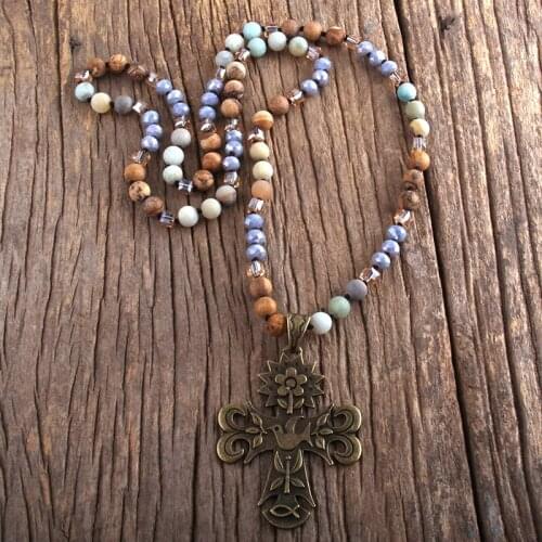 MD Fashion Boho Jewelry Natural Stones And Glass With Metai Flower Bird Cross Pendant Necklaces Women Bohemia Necklace Dropship