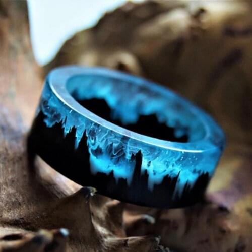 Blue Resin Rings for Women Men Wood Resin Landscape Ring Male Natural Scenery Epoxy Resin Rings Female Finger Punk Jewelry