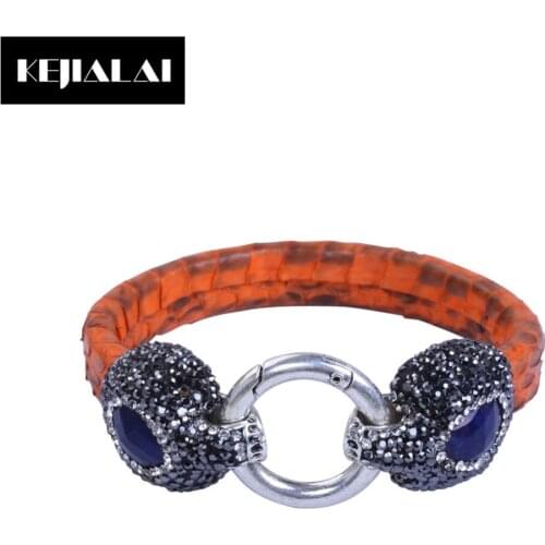 Original Luxury Jewelry Real Snake Leather Bangle Natural Stone Pave with Rhinestone Wristband for Women Pulseras Mujer Cuff