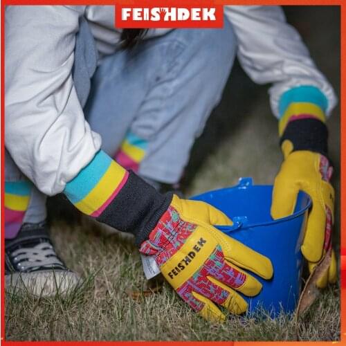 Kids Genuine Leather Work Gloves Winter Gardening Outdoor Safe Protection with Red Reflective Knitted Cuff 3M Thinsulate Lining