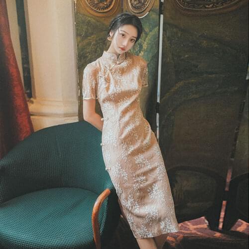 Retro Improved Cheongsam Chinese Lady Summer Dress Elegant Waist Floral Qipao Vintage Buckle Women Party Dresses Vestidos