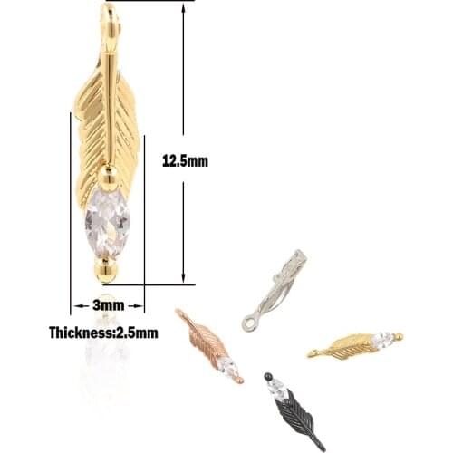 Leaf Pendant Gold-Plated Brass Cubic Zirconia Feather Charm DIY Jewelry Bracelet Earrings Accessories