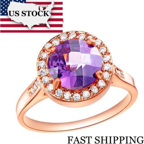 USA STOCK Uloveido Rose Gold Color CZ Rings for Women with Purple Crystal Jewelry Red Anel Feminino Ring Female Wedding J203