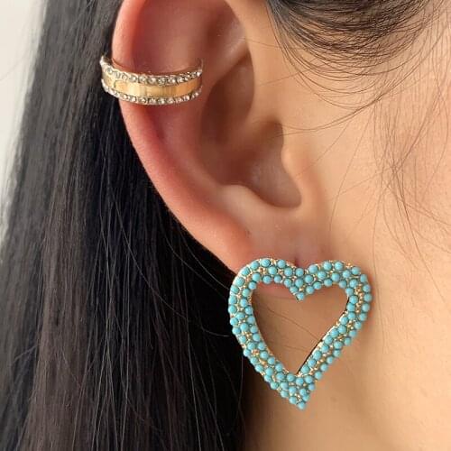 KOMi Boho Shiny Rhinestone Heart Dangle Earrings Multicolor Peach Heart Pearl Dangle Earrings Party Wedding Jewelry K2152