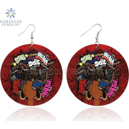 SOMESOOR Afro Queen Graffiti Art Hoops African Wooden Drop Earrings Black Poppin Diva Dope Natural Hair Design For Women Gifts