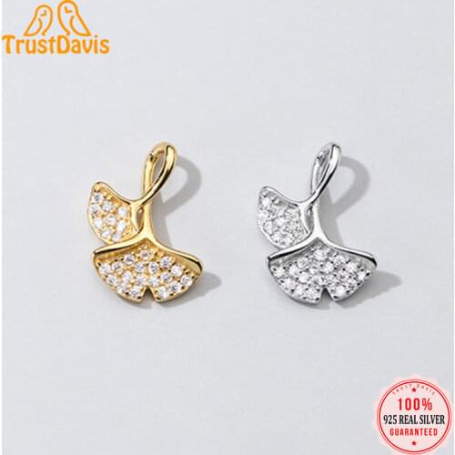 TrustDavis 2021 Fashion Real 925 Sterling Silver Sweet Double Ginkgo Leaf CZ Charm Pendant Handmade DIY Accessories Jewelry DZ71