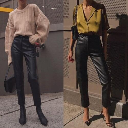 High Waist slim Leather Pants for Women Leisure Straight Faux Leather Trouser Black Fashion spring fall 2021 Clothing