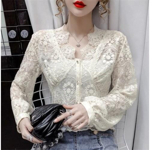 New Spring Autumn Women Hollow Out Mesh Blouse Slim V-Neck Floral Embroidery Lace Shirts Female Puff Sleeve Blouses Tops AB1992