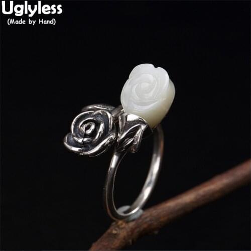 Uglyless Thai Silver Rose Flower Open Rings for Women Natural Jade Floral Dress Rings Solid 925 Silver Vintage Jewelry Gemstones