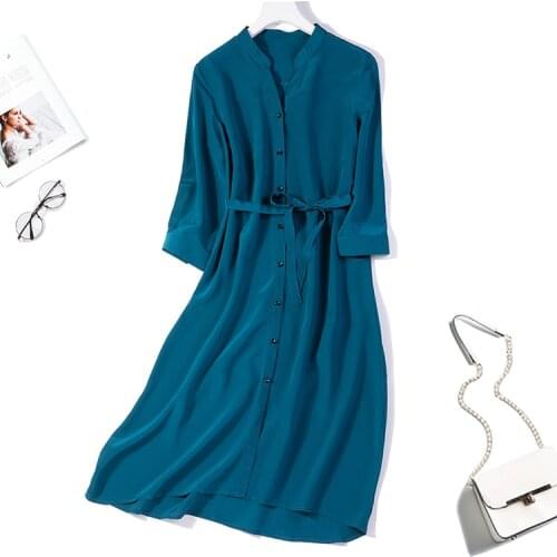 Womens 100% Pure Silk solid blue Long shirt Dress half sleeve split neck with belt L XL JN411