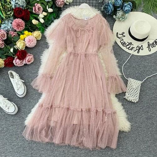 2021Spring Two Pieces Flare Sleeve Sequined Mesh Dress Elegant Women Ruffles Lace Dresses Female Long Sweet Fairy Party Vestidos