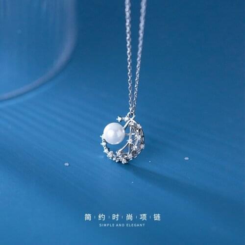 Solid 925 Sterling Silver Necklace for Women Teen Girls Mother of Pearl CZ Zircon Crescent Moon Pendant Necklaces Korean Jewelry