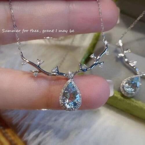 QTT New style Elk Female Necklace Water Drop Sea Blue CZ Crystal Pendant Chain On The Neck S925 Sterling Silver Choker Jewelry