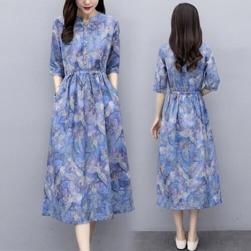 Mujer Dresses Spring New Five-point Sleeve Vestidos Casual Temperament Mid-length Printed Cotton Linen Dress Female Summer Z745