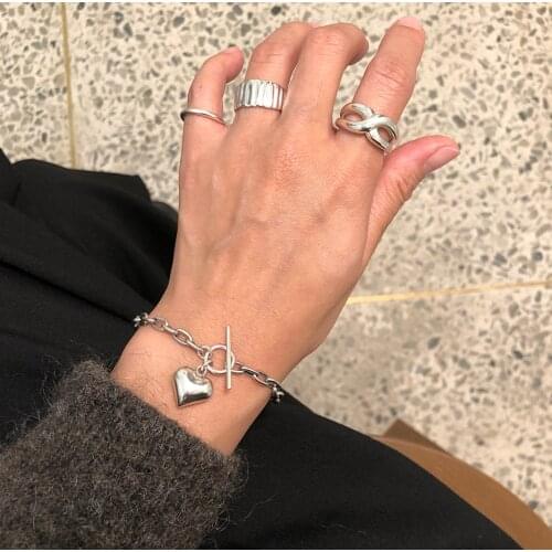 Punk 1pc Authentic 925 Sterling silver Rounded Heart shape Open Chian Wrist Bracelet Toggle jewelry TLS285