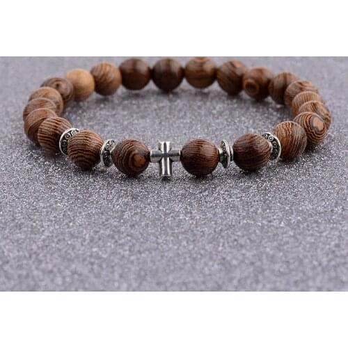 2020 Charm Men Silver Color Cross&Buddha Elastic Wood Beads Bracelets Prayer Chakra Bead Bracelets Women Dropshipping WABJ003