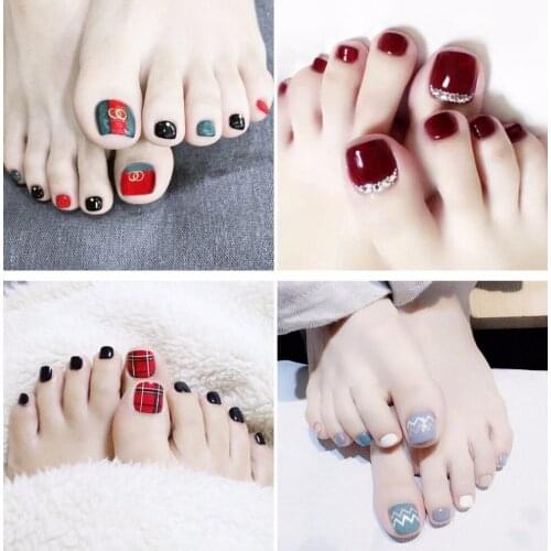New fashion ins false nails for toe cute pure color fake nails for toe 24pcs short size lady full nail tips British toe nails