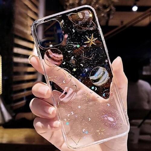 Glitter Bling Stars Moon Phone Case For iPhone 11 12 Pro Max SE 2020 X XR XS Max 7 8 Plus 11Pro Clear Planet Soft TPU Back Cover