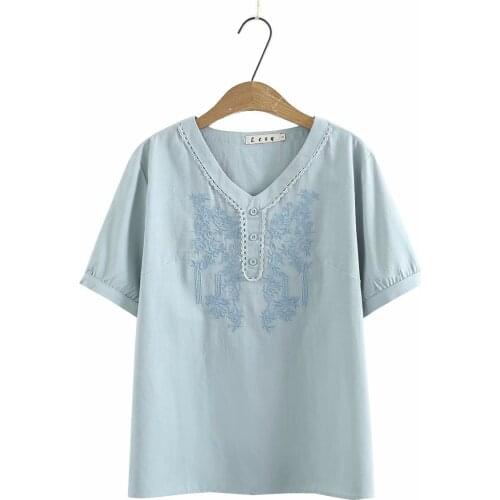 Plus size blouses tunics shirts 2021 fashion V-Neck short sleeve embroidery cotton summer Womens t-shirts