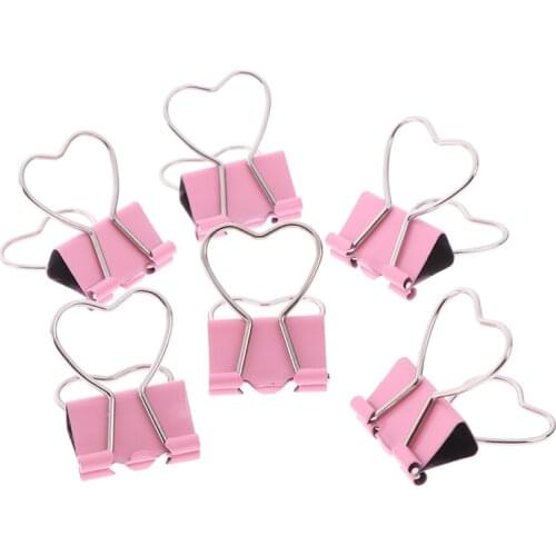 6pcs/1pc Pink Metal Binder Clip Heart Hollow Out Metal Binder Clips Notes Letter Paper Clip Office Supplies