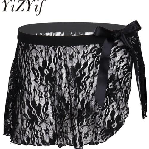Mens Erotic Lingerie Sissy Mini Skirts See Through Sheer Lace Mid Rise Elastic Waistband Side Split with Bowknot Sexy Mini Skirt