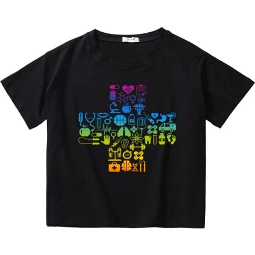 Colorful Funny Printing Women Summer Crop Tees Breathable Cotton Top Girl O-Neck T-Shirt Kids Short Sleeve Casual Short Tops